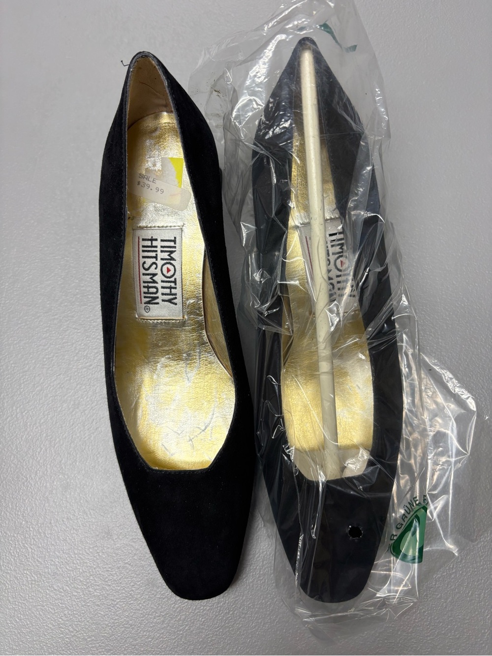 Timothy Hitsman Black Suede Pointed Toe Pumps with Gold Insole